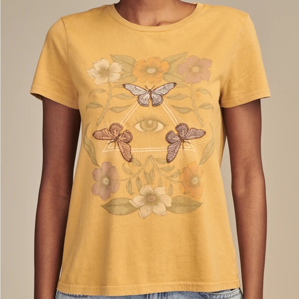 Lucky Brand Yellow Embroidered Graphic Relaxed Tee